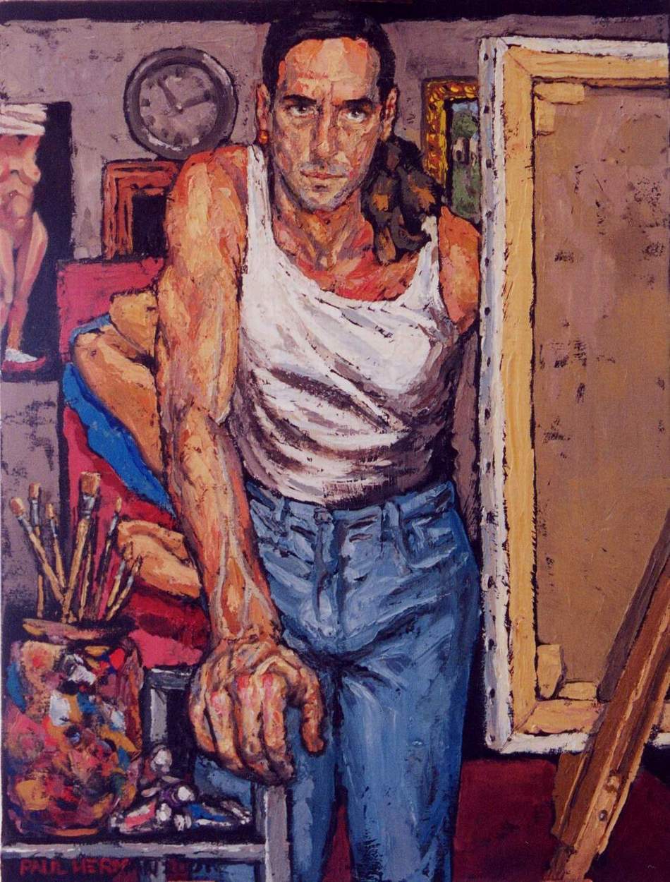 Portrait: Oil on canvas. Self portrait in my studio in Marbella, 100 x 70 cm (37in x 28in) painted with palette knives 2003.